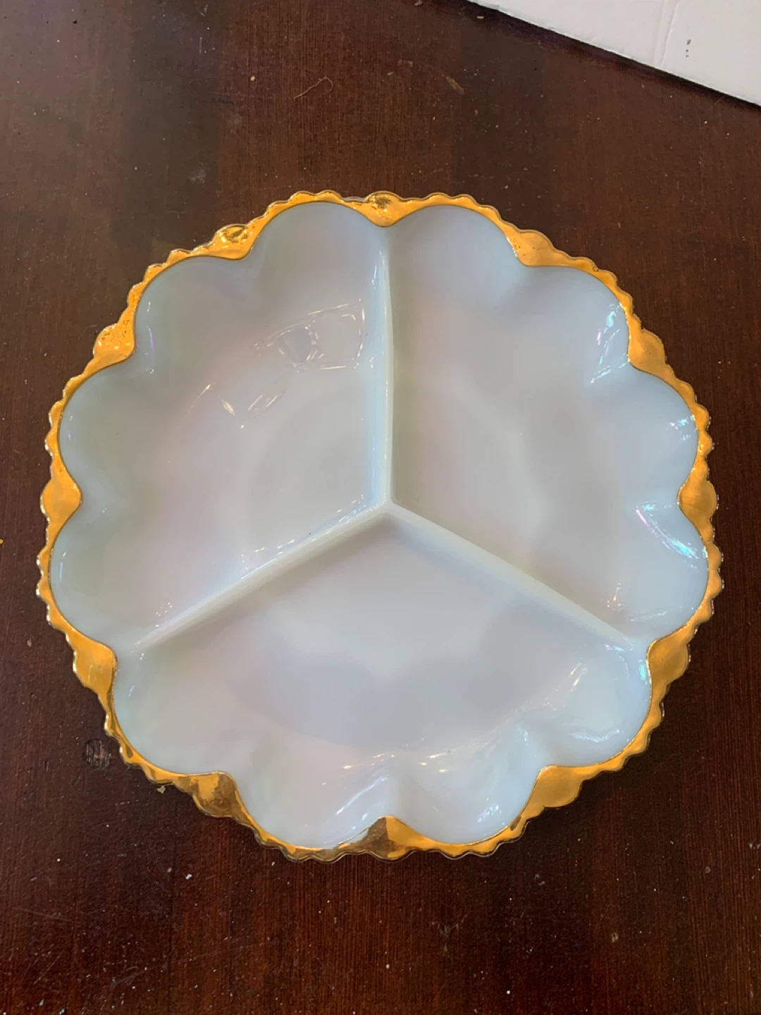 Vintage Milk Glass 3-Section Divided Dish with Gold Trim.