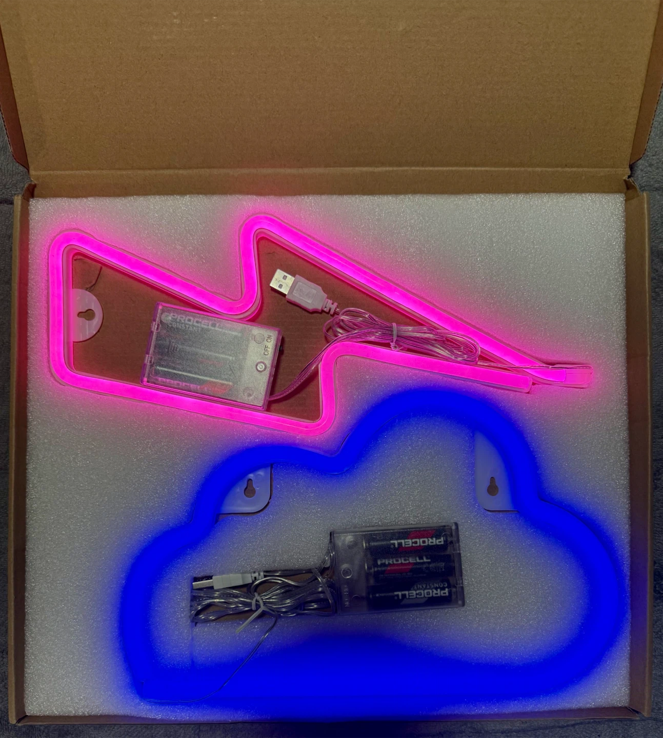 Neon Pink Lightning Bolt and Blue Cloud Wall Lights