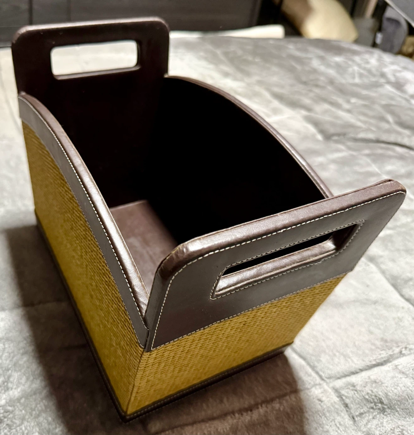 Woven Magazine Basket with Brown Faux Leather Trim