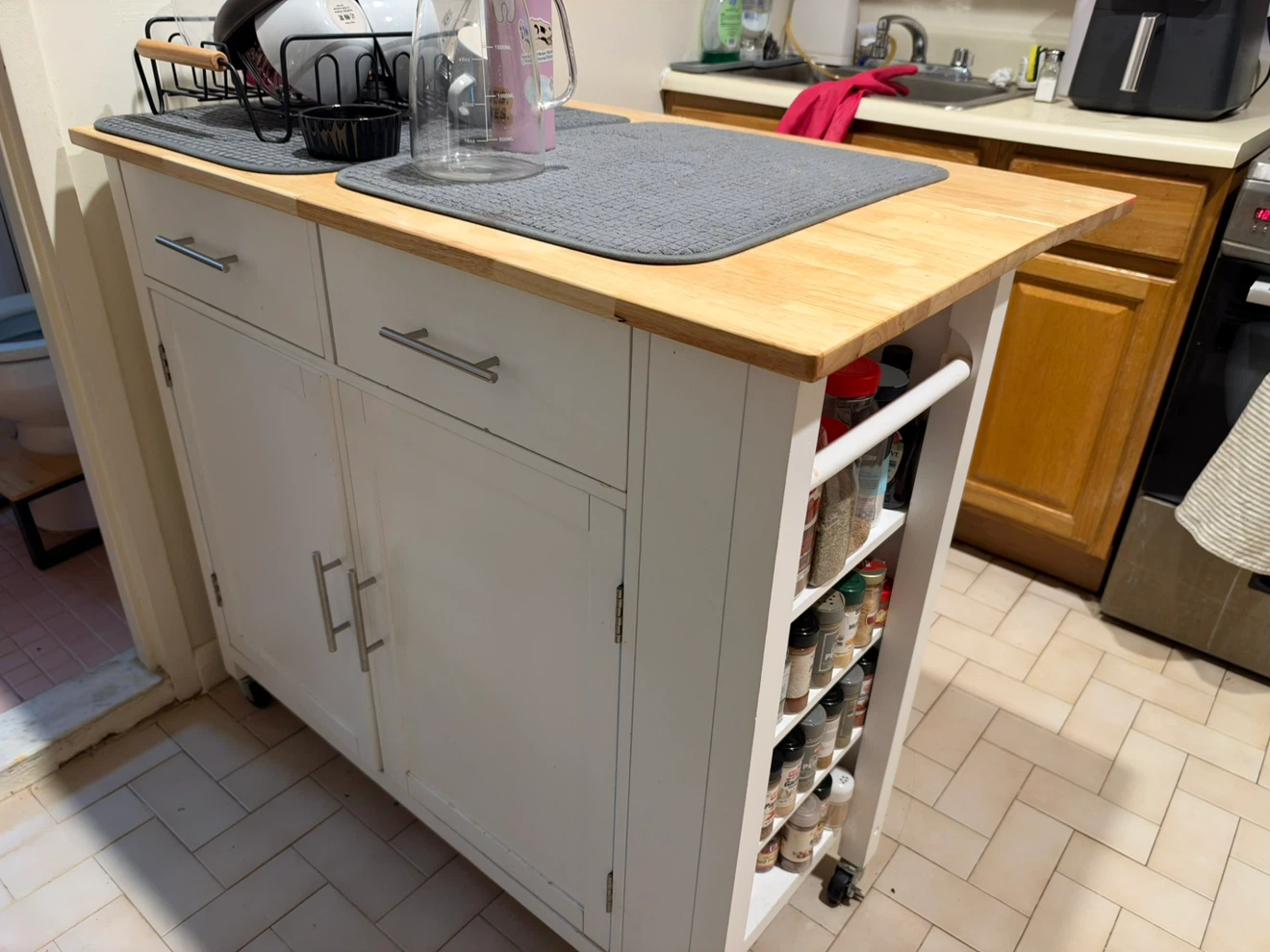 White Rolling Kitchen Island with Wood Top - photo 2