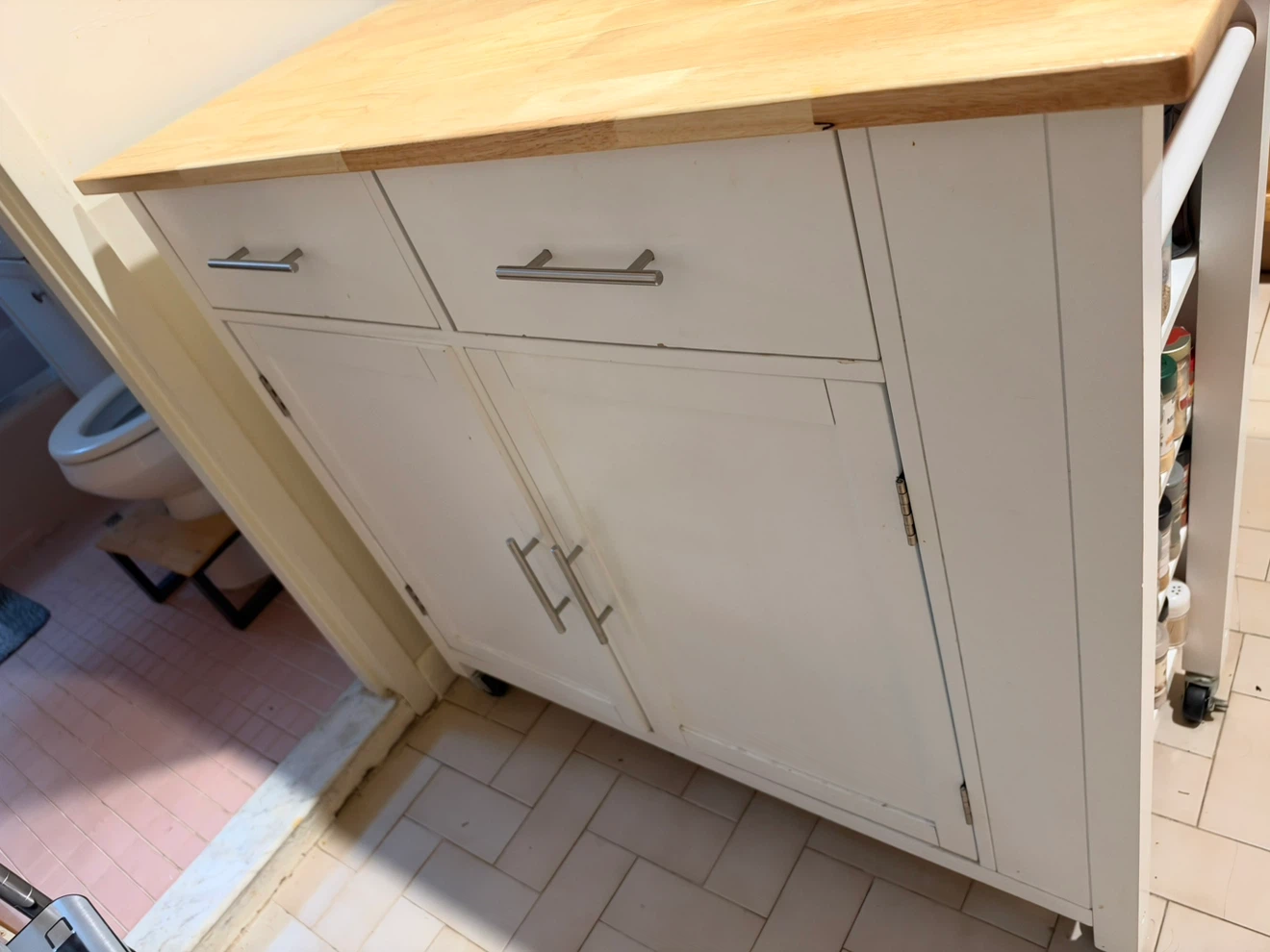 White Rolling Kitchen Island with Wood Top - photo 3