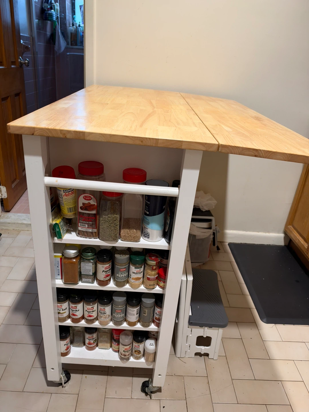White Rolling Kitchen Island with Wood Top - photo 4