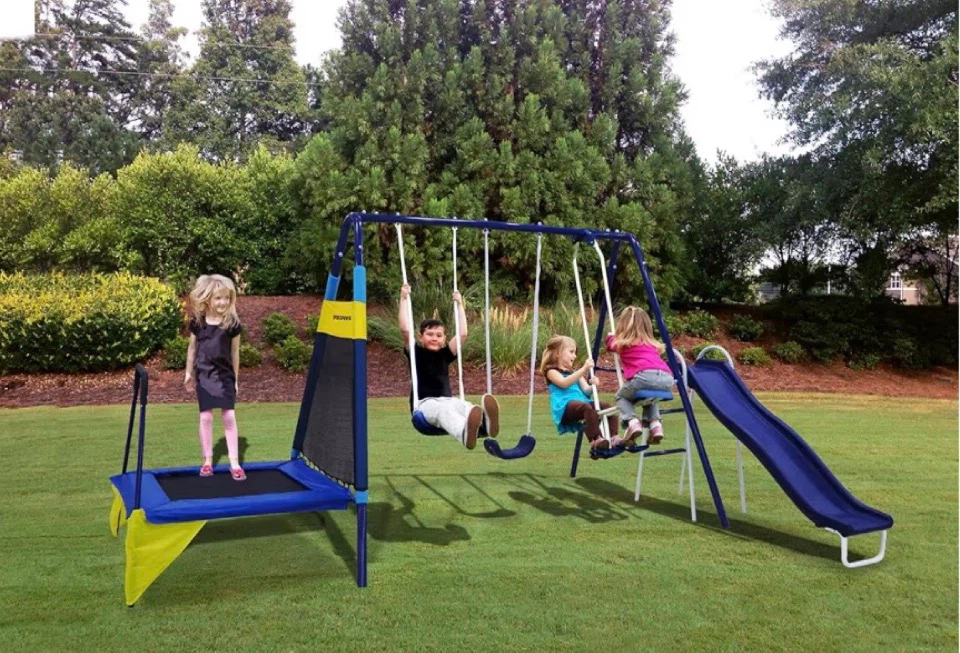 Outdoor Metal Swing Set with Slide and Trampoline - photo 4