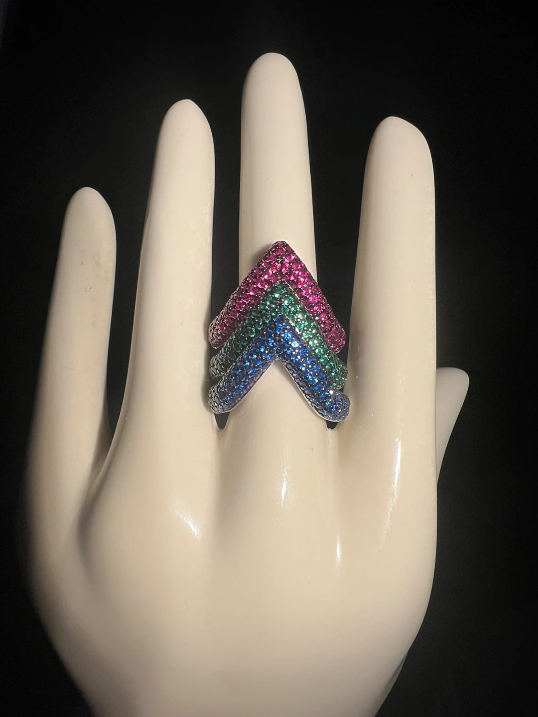 Multi-Colored V-Shaped 925 Silver Ring - photo 2