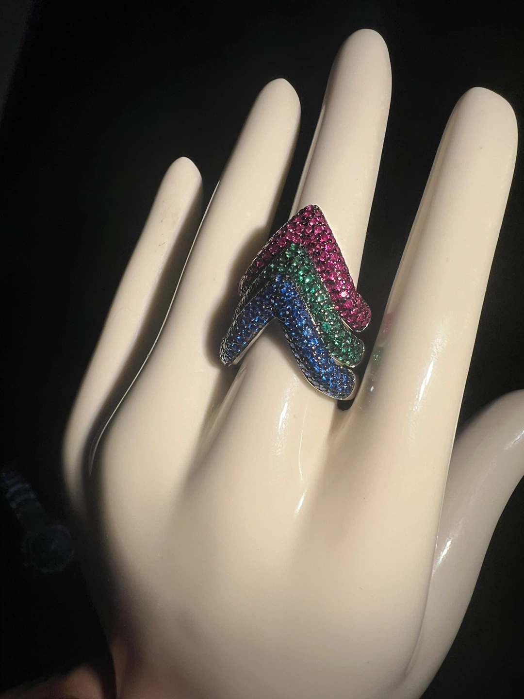 Multi-Colored V-Shaped 925 Silver Ring - photo 4