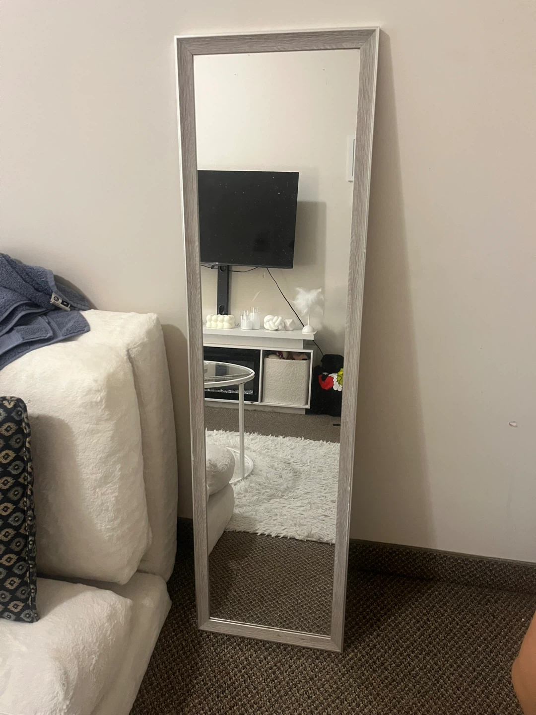 Full-Length Floor Mirror with Light Wood Grain Frame