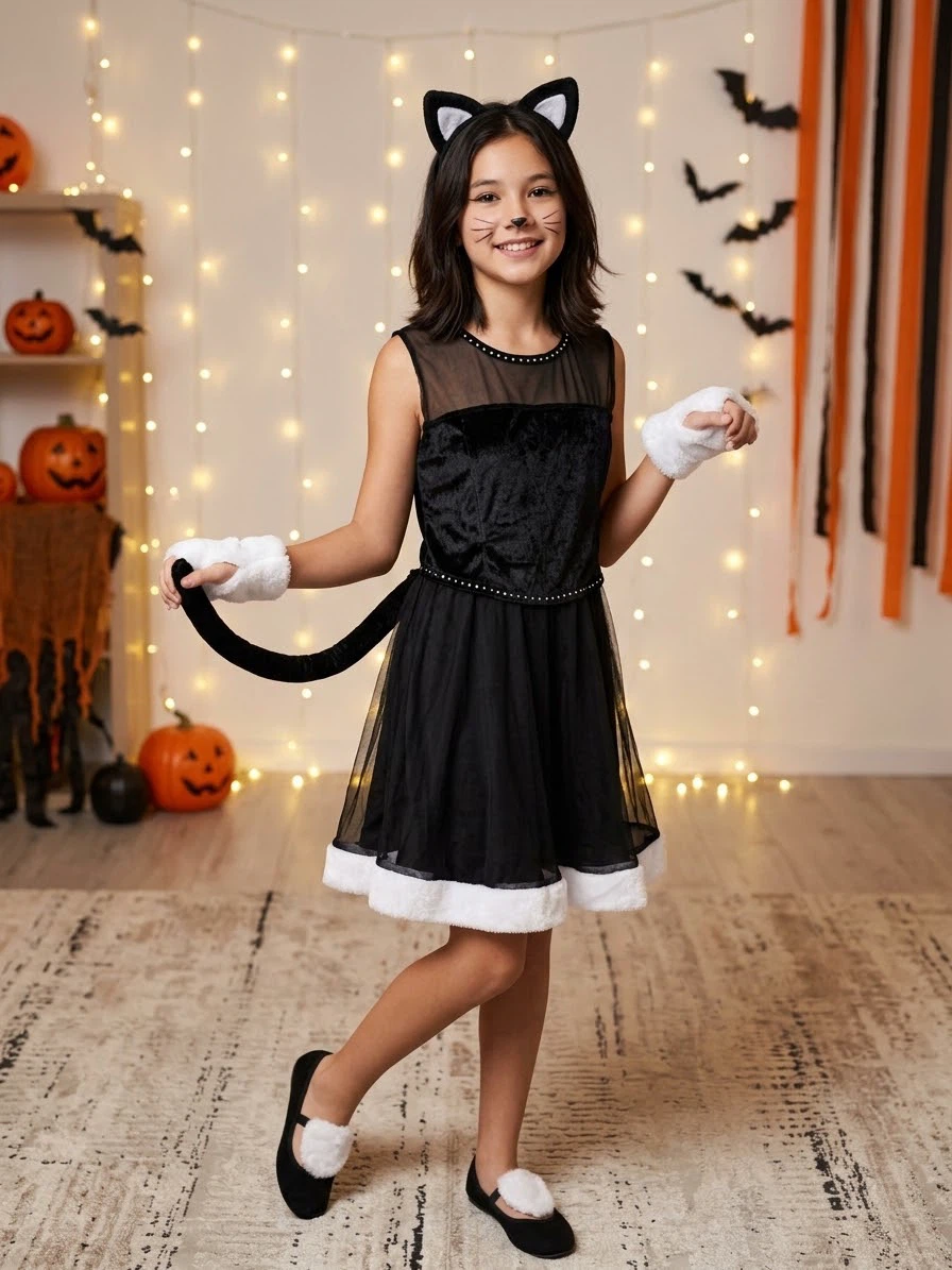 Girls Cat Halloween Costume Set