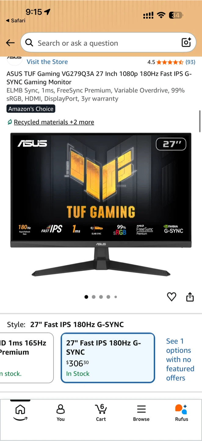 ASUS TUF Gaming VG279Q3A 27 Inch 180Hz Monitor
