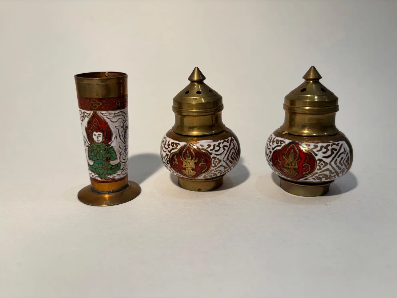 Vintage Thai Brass and Enamel Condiment Set