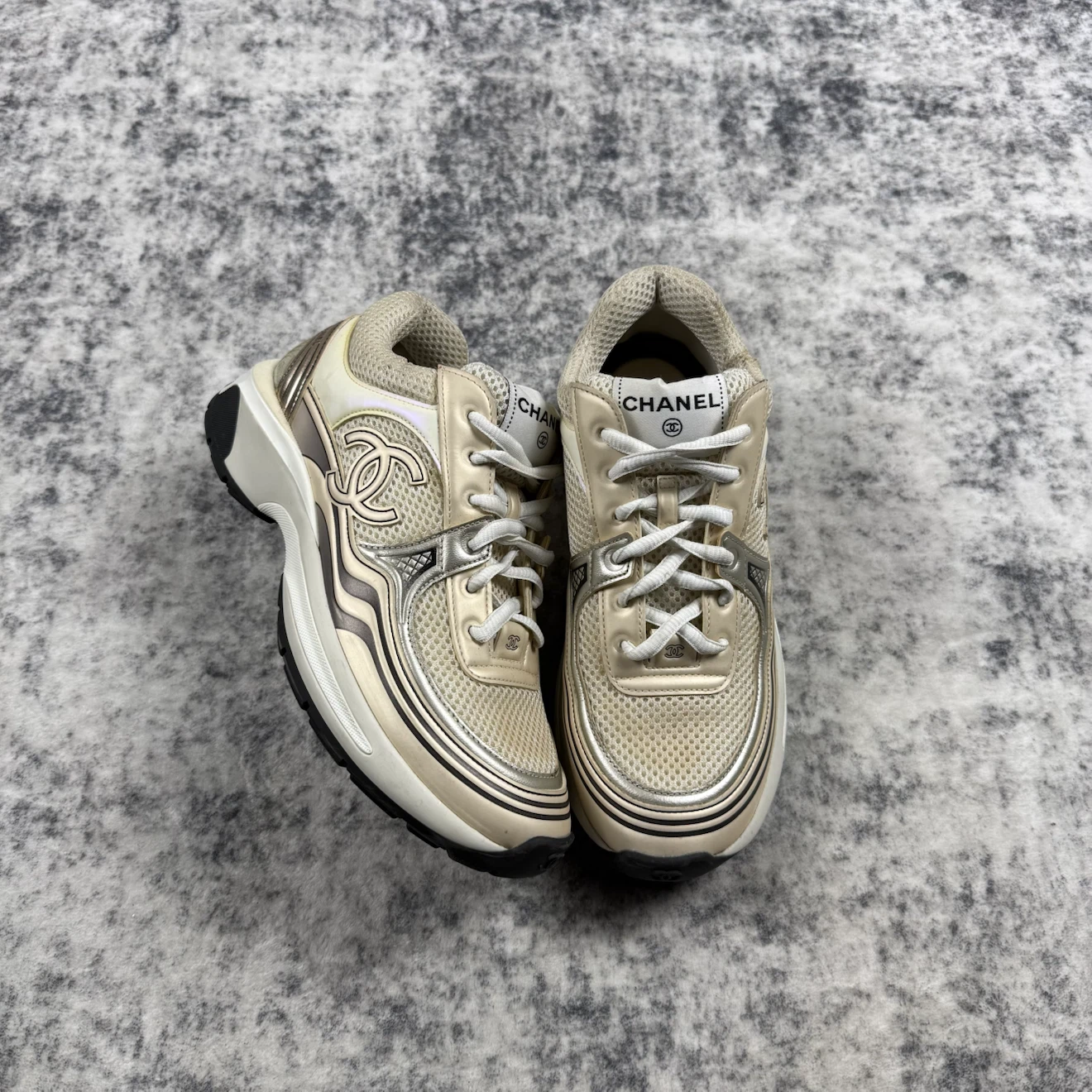 Chanel CC Logo Metallic Silver & Ivory Mesh Sneakers