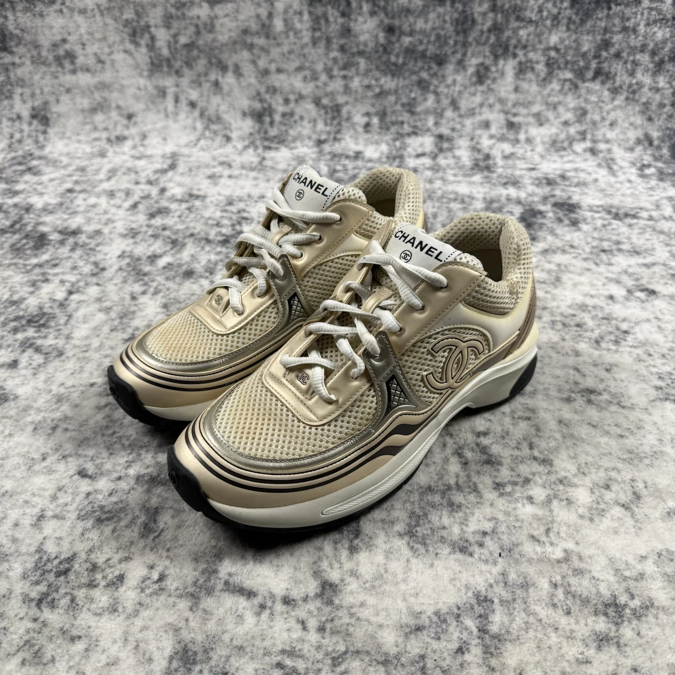 Chanel CC Logo Metallic Silver & Ivory Mesh Sneakers - photo 2