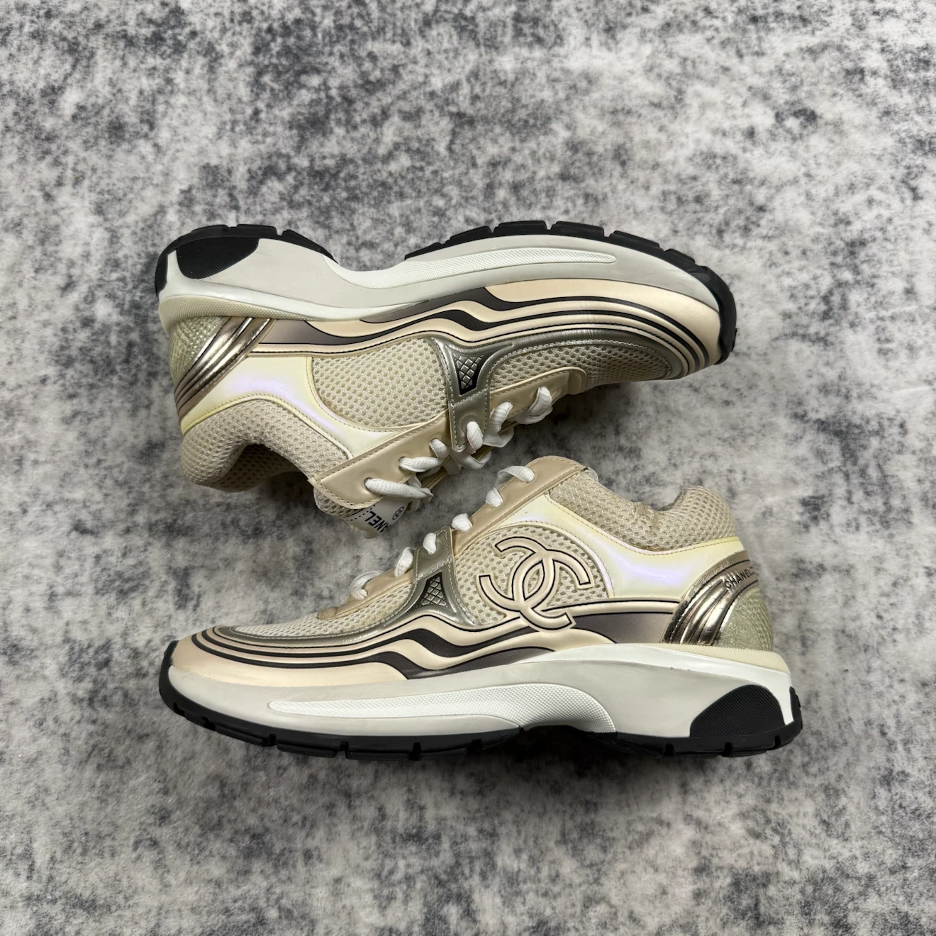 Chanel CC Logo Metallic Silver & Ivory Mesh Sneakers - photo 3