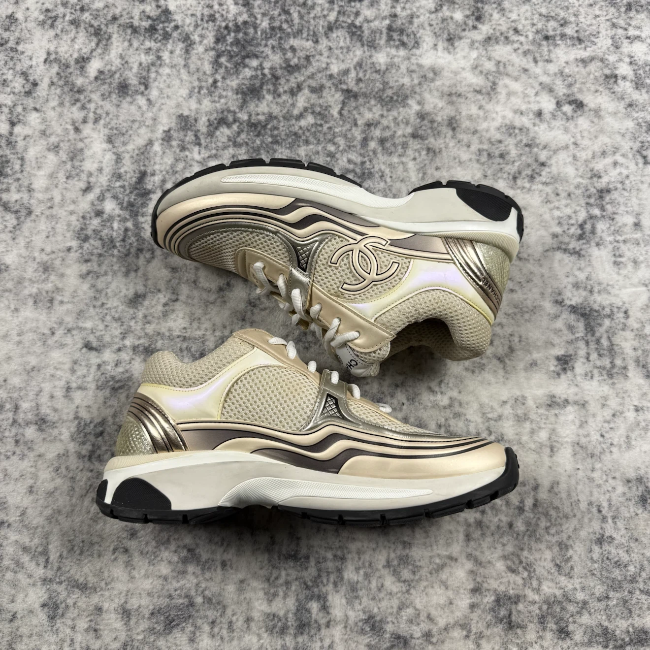 Chanel CC Logo Metallic Silver & Ivory Mesh Sneakers - photo 4