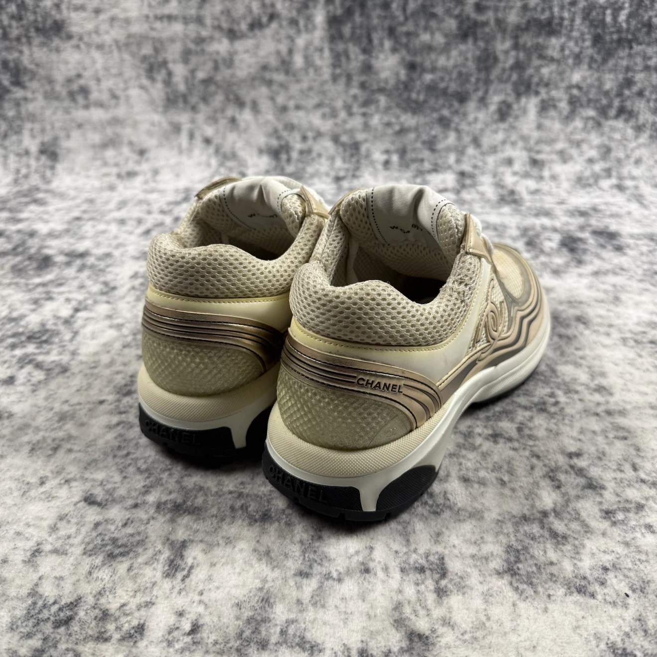 Chanel CC Logo Metallic Silver & Ivory Mesh Sneakers - photo 5