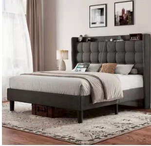 Gray Upholstered Queen Bed Frame with Charging Port - photo 4