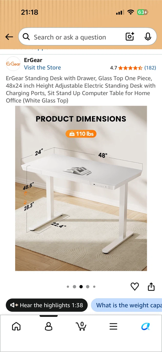 Electric Standing Desk with Drawer, Glass Top, 2 charge ports