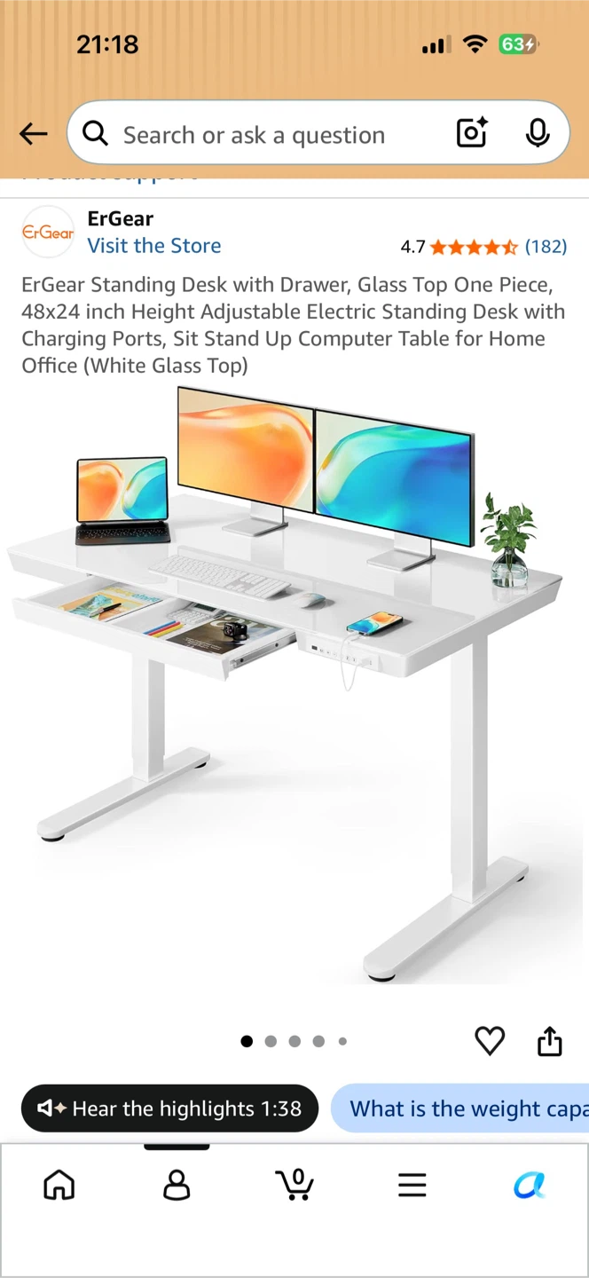 Electric Standing Desk with Drawer, Glass Top, 2 charge ports - photo 2
