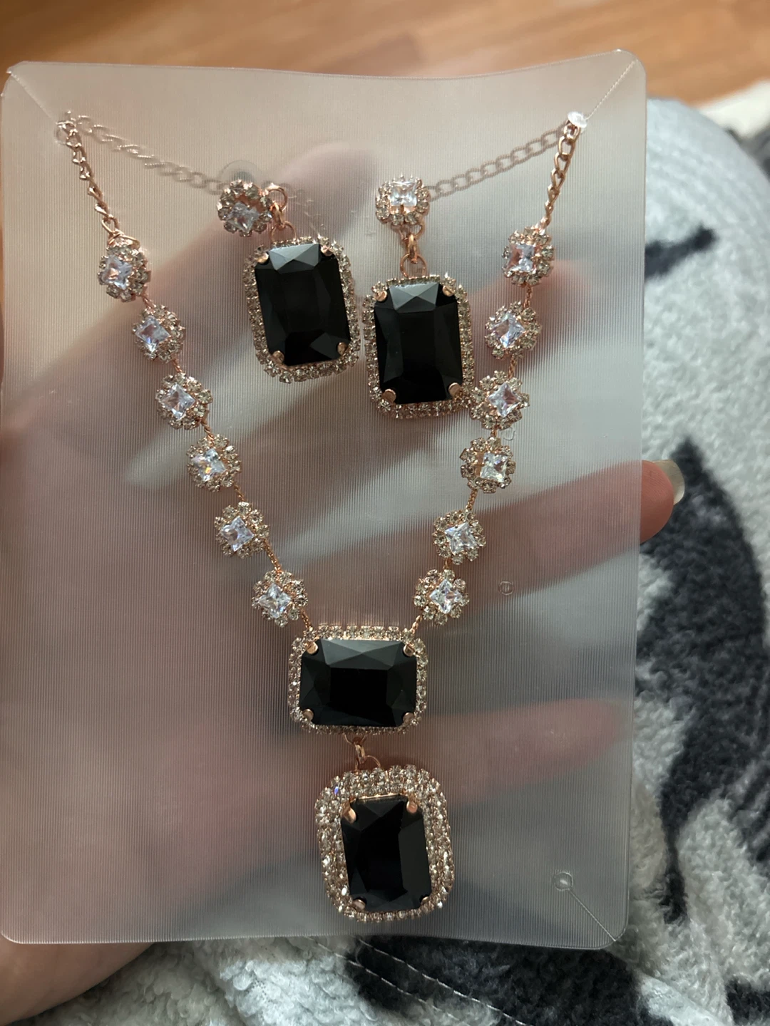 Rose Gold Tone Black Crystal Necklace and Earring Set