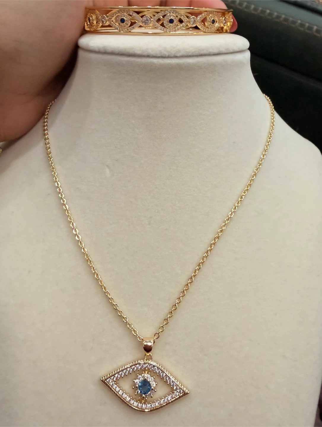 Gold-Tone Evil Eye Necklace and Bangle Set
