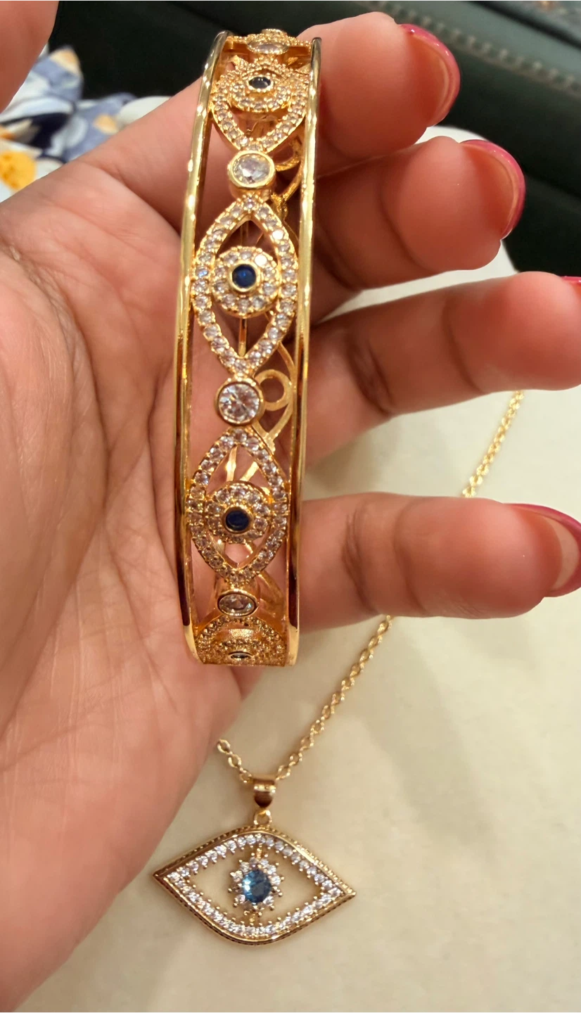 Gold-Tone Evil Eye Necklace and Bangle Set - photo 2
