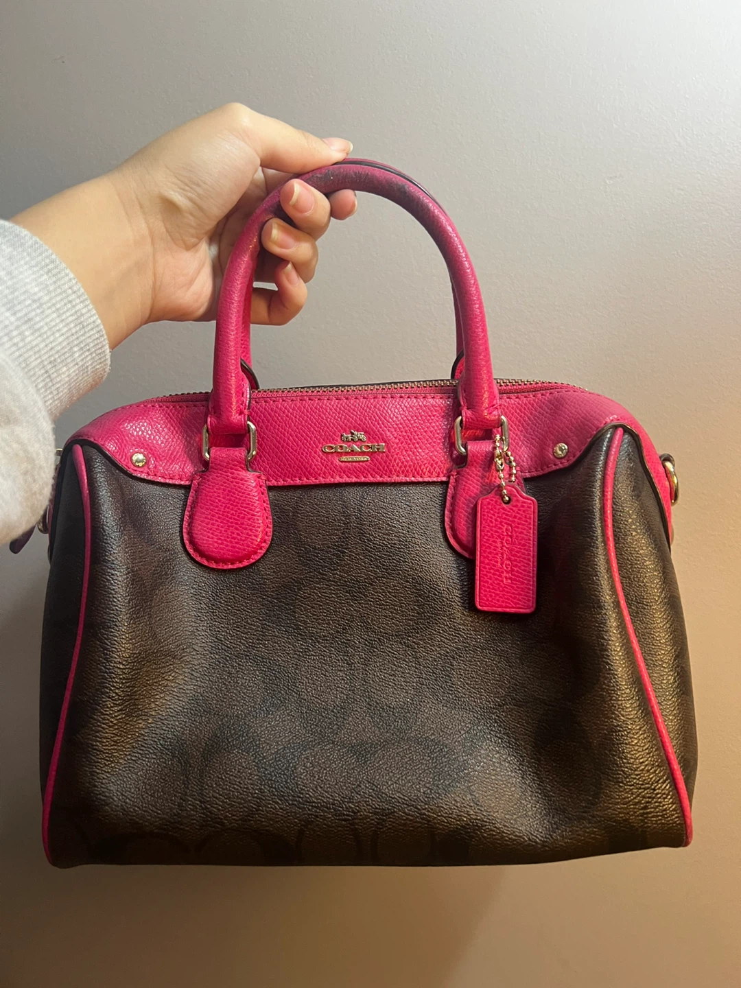 Coach Signature Print Handbag in Brown and Pink