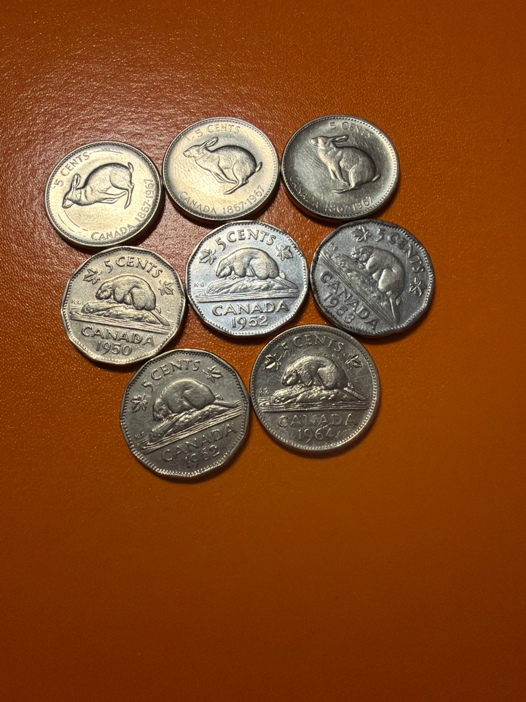 Collection of 8 Vintage Canadian 5 Cent Coins
