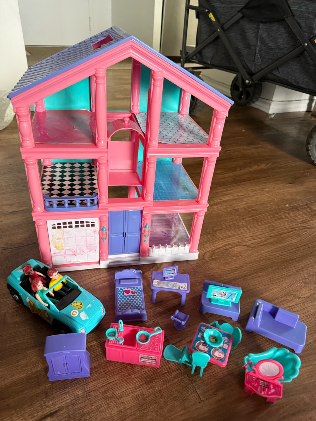 Three-Story Dollhouse with Car and Accessories