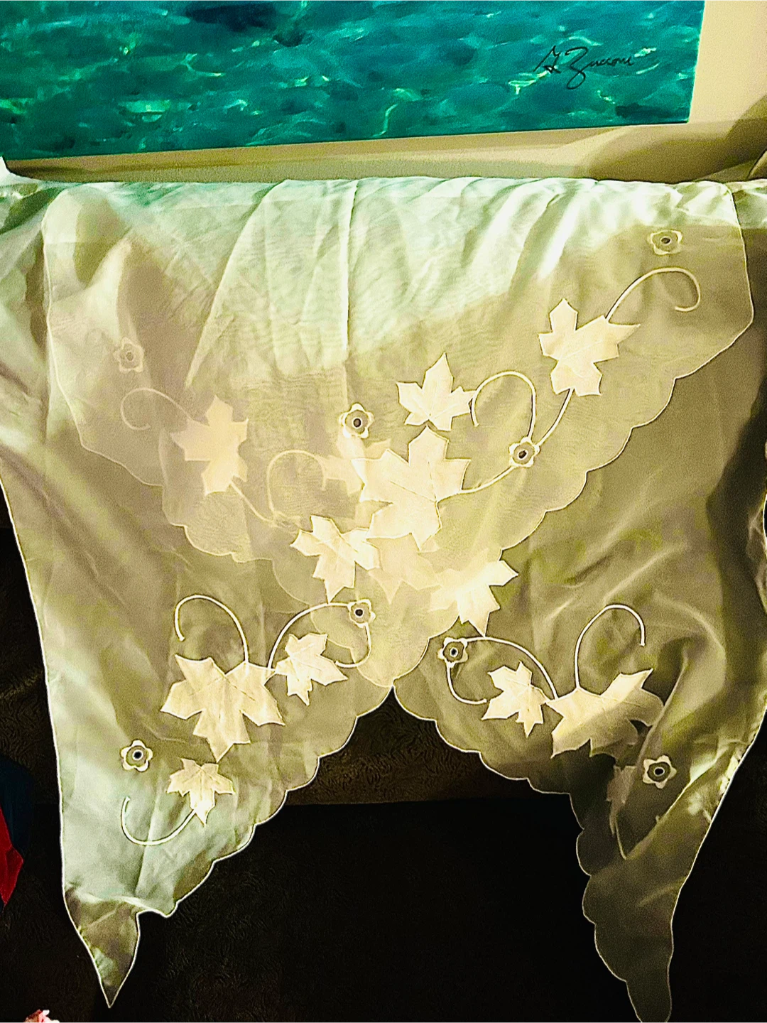 Brand New White Sheer Valance with Leaf Embroidery