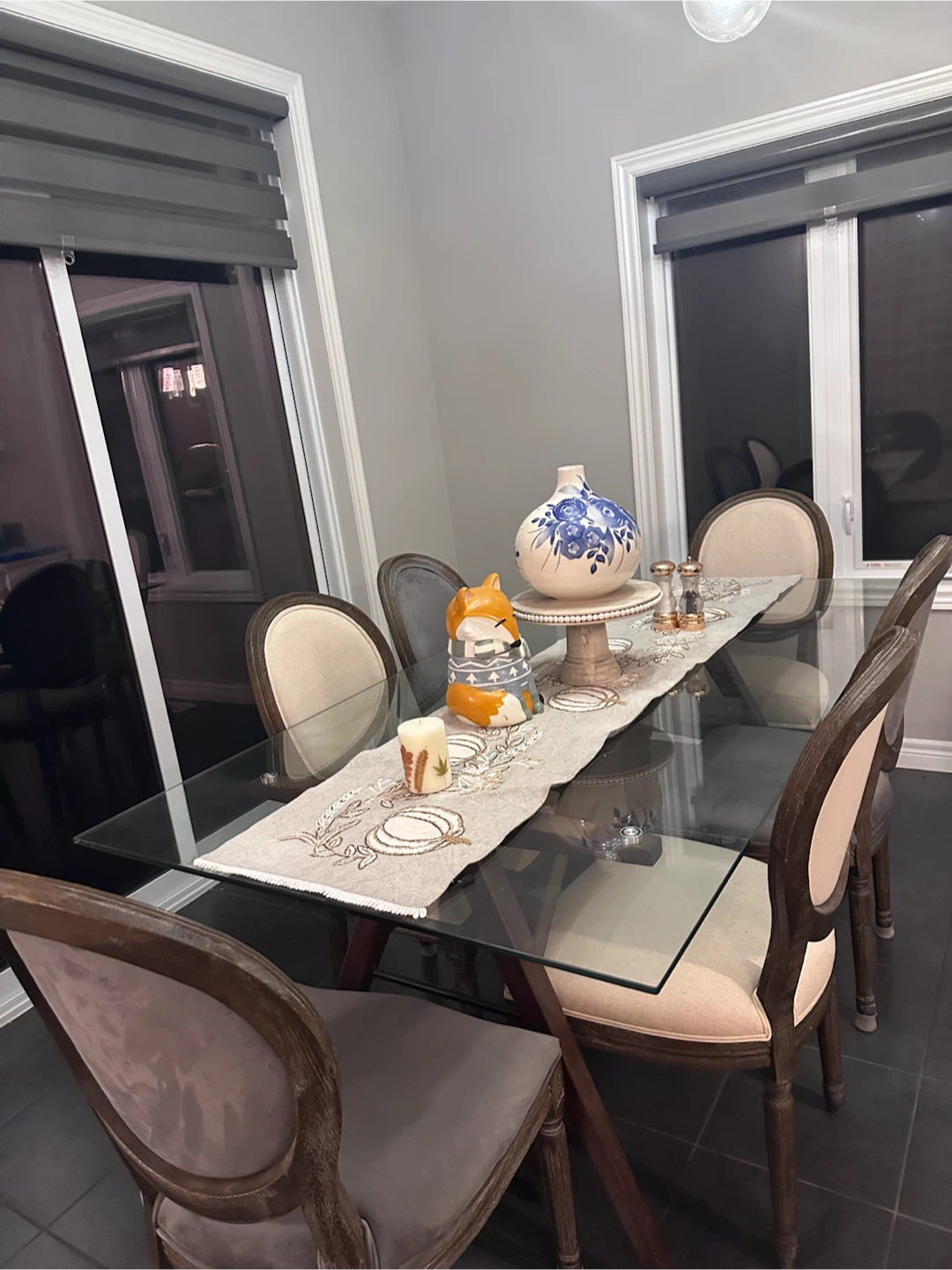 Glass dining table and Set of 6 Upholstered Dining Chairs
