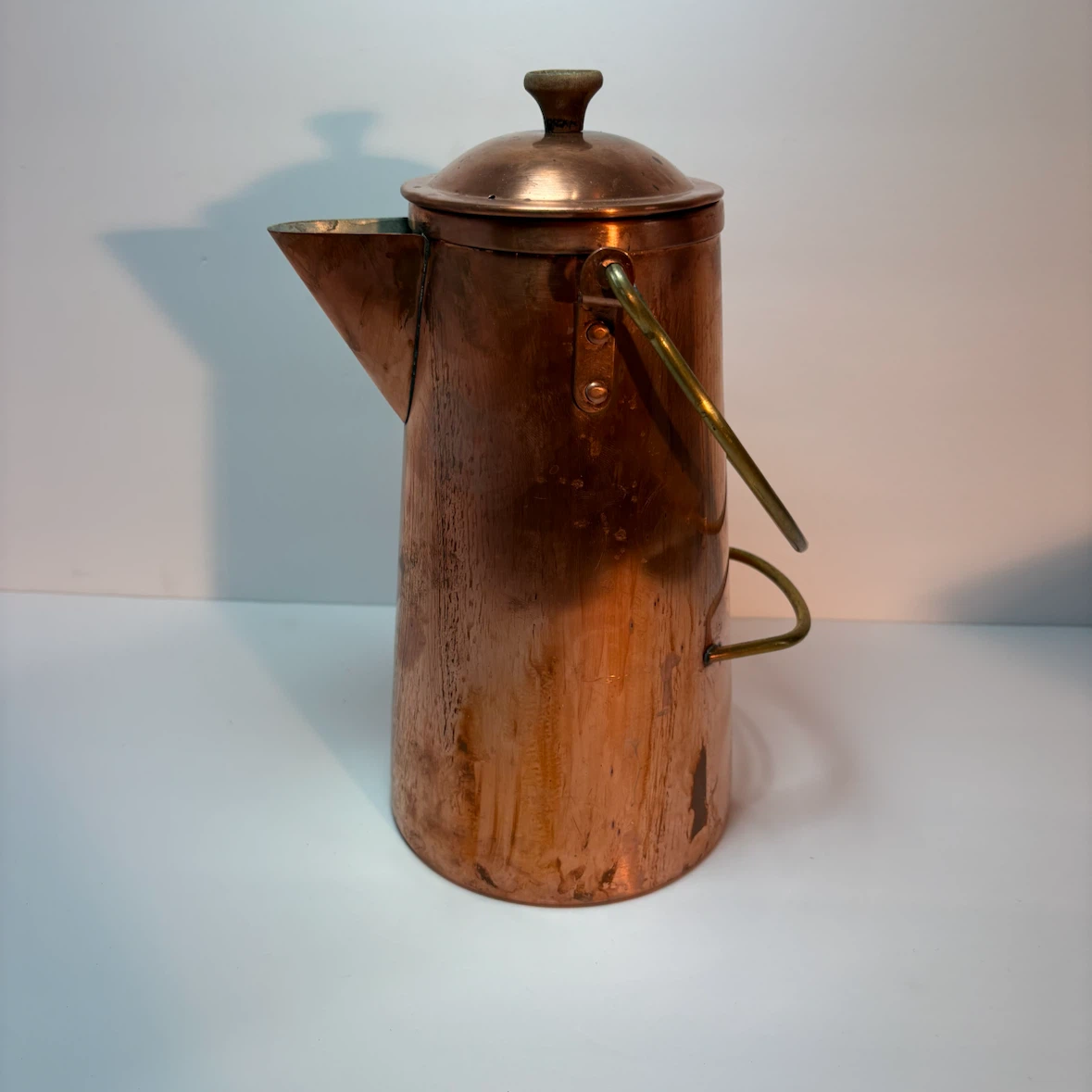 Vintage Portuguese Copper Coffee Pot Brass Handle Strainer 10”