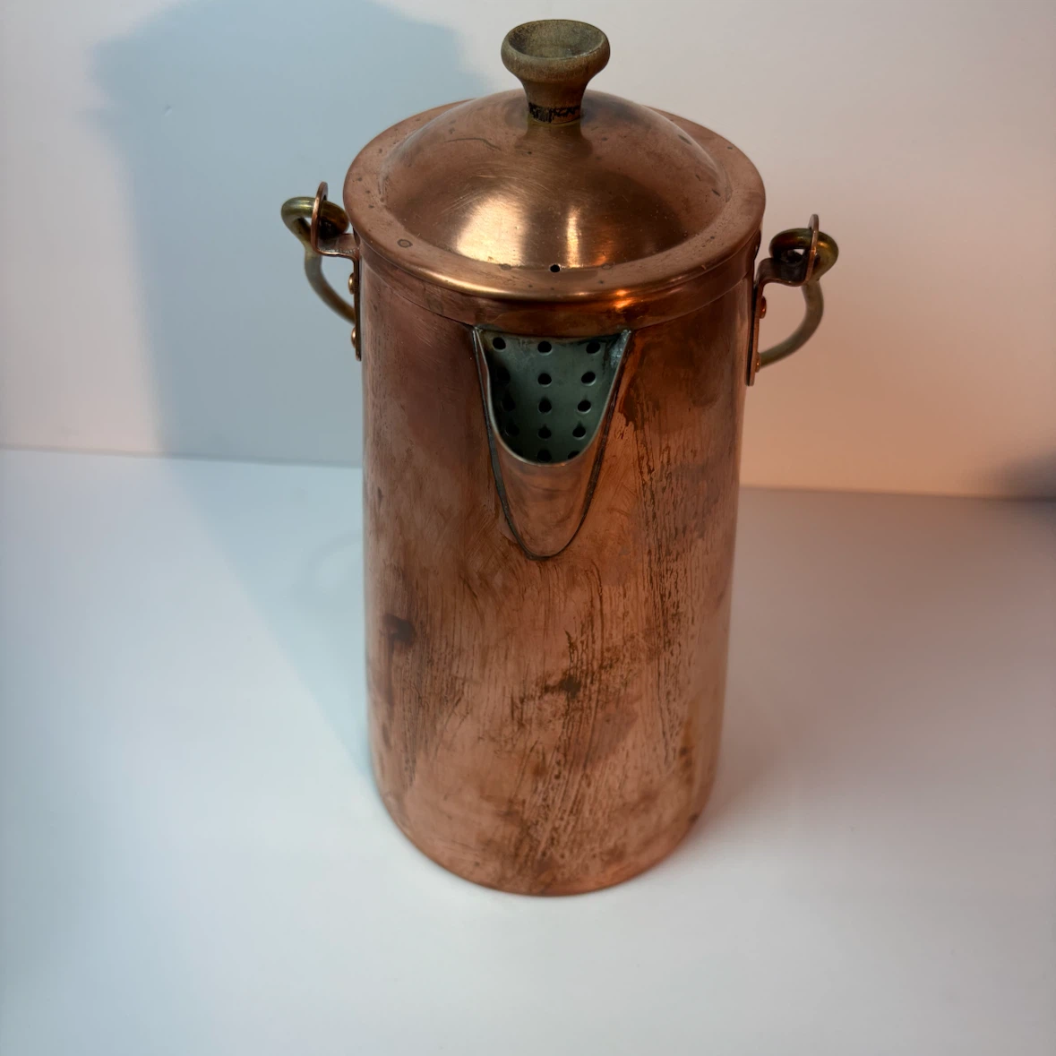 Vintage Portuguese Copper Coffee Pot Brass Handle Strainer 10” - photo 2