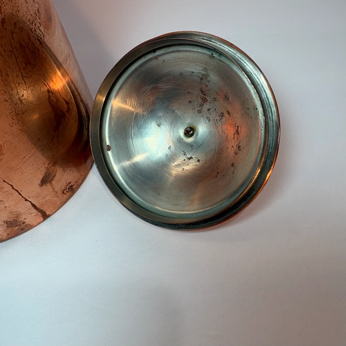 Vintage Portuguese Copper Coffee Pot Brass Handle Strainer 10” - photo 4