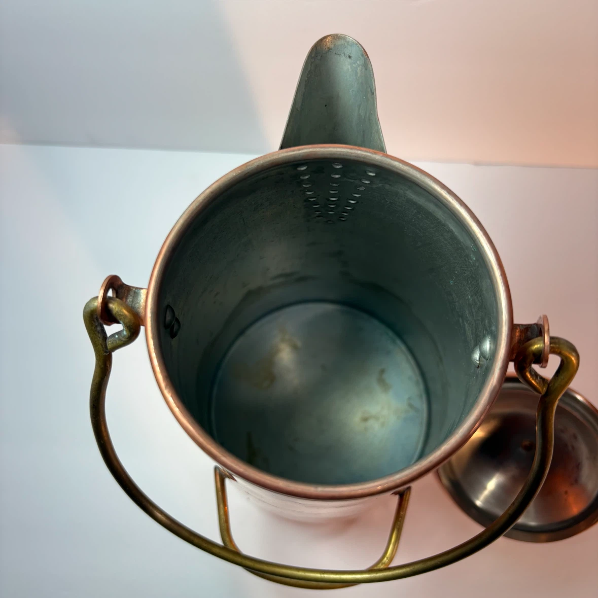 Vintage Portuguese Copper Coffee Pot Brass Handle Strainer 10” - photo 5