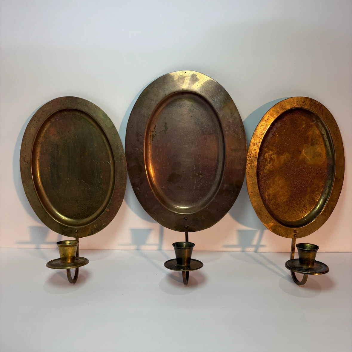 Vintage Set of 3 Brass Wall Candle Sconces Oval Rustic Patina