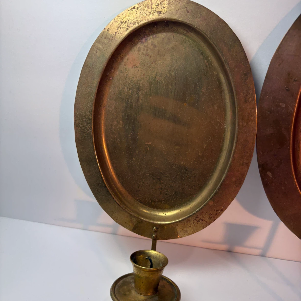 Vintage Set of 3 Brass Wall Candle Sconces Oval Rustic Patina - photo 2