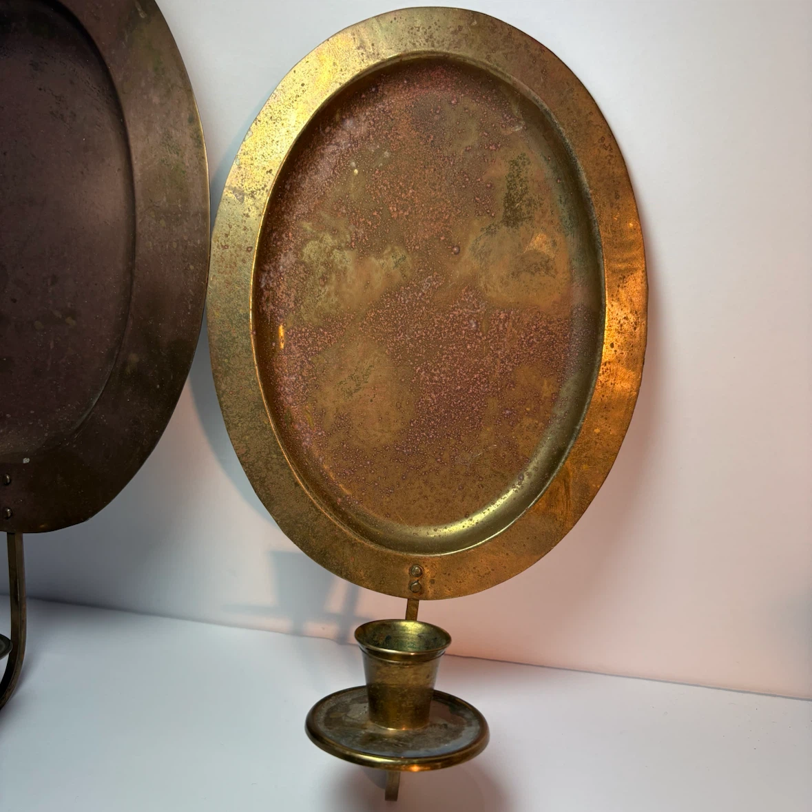 Vintage Set of 3 Brass Wall Candle Sconces Oval Rustic Patina - photo 4