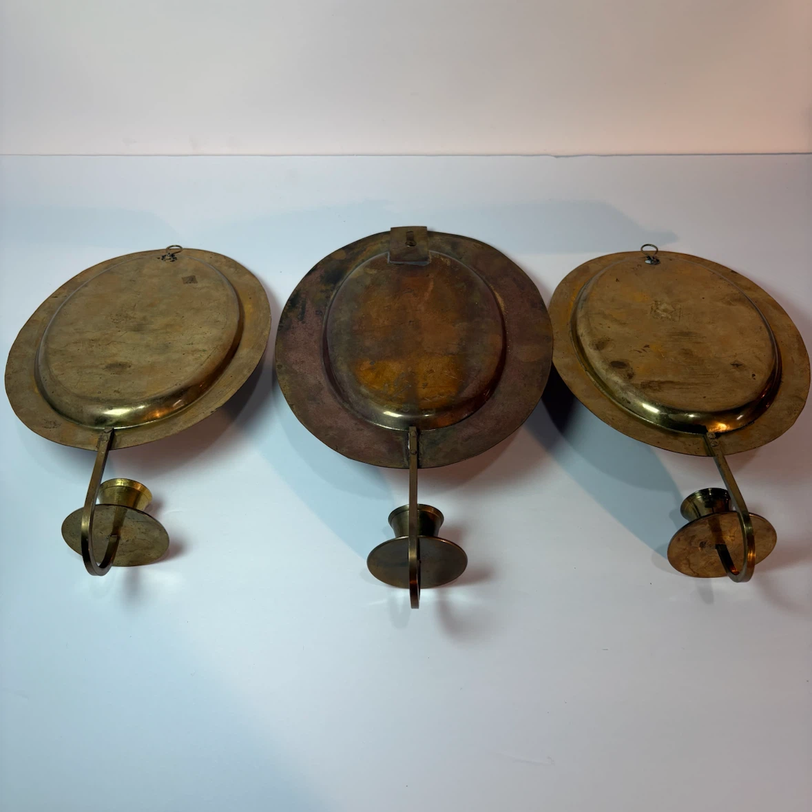 Vintage Set of 3 Brass Wall Candle Sconces Oval Rustic Patina - photo 5