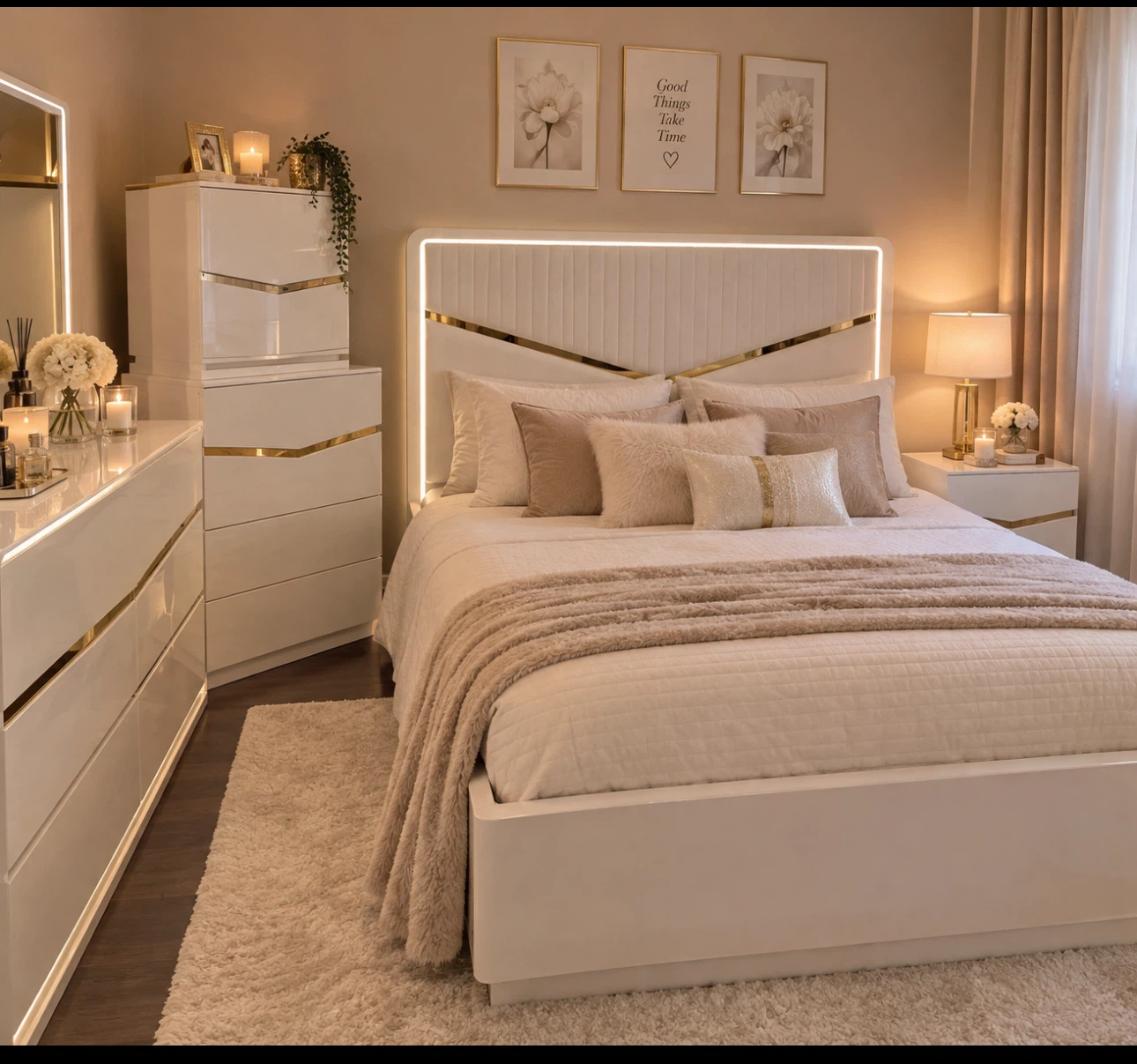 Bed set with mattress and night stand with mirror dresser