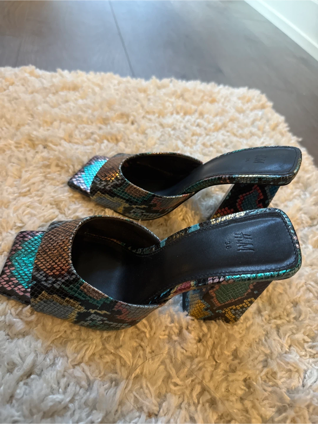 H&M Snakeskin Print Block Heel Mules
