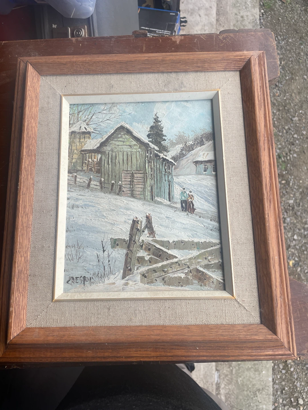 Winter Farm Scene Framed Oil Painting