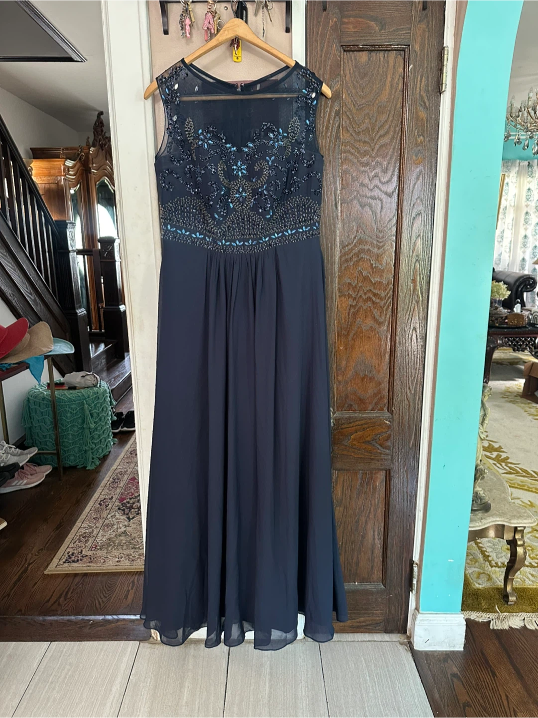 Navy Blue Beaded Evening Gown