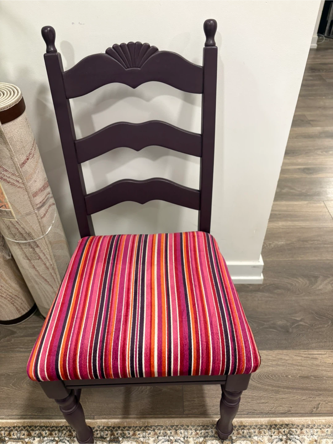 Painted Wooden Chair with Striped Fabric Seat