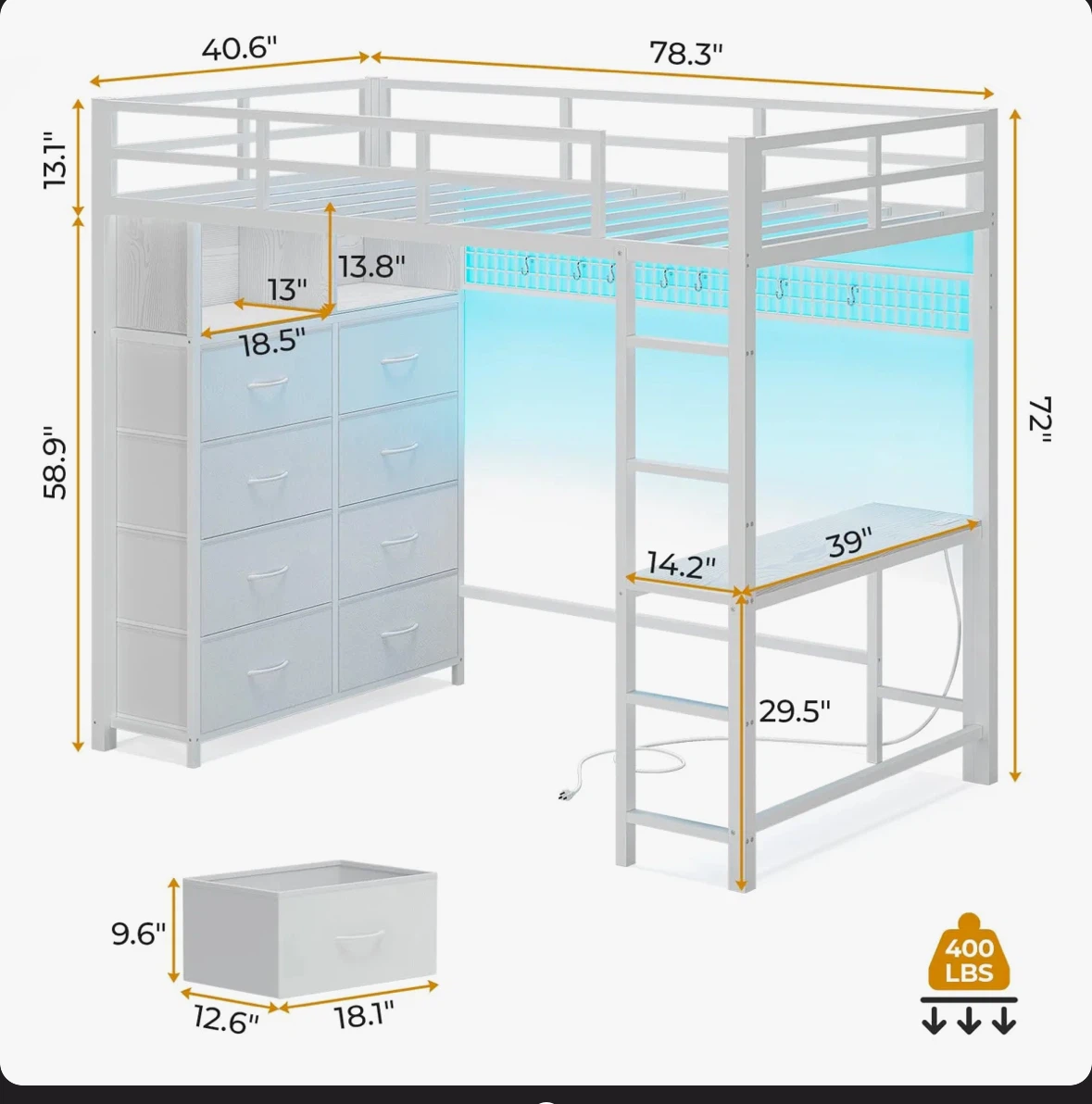 White Metal Loft Bed with Desk