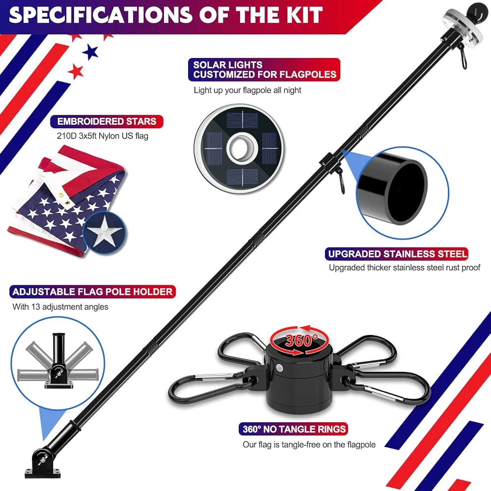 ZMTECH 5FT Flag Pole Kit with Solar Light - American - new - photo 3