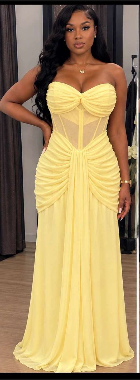Yellow strapless corset-style gown