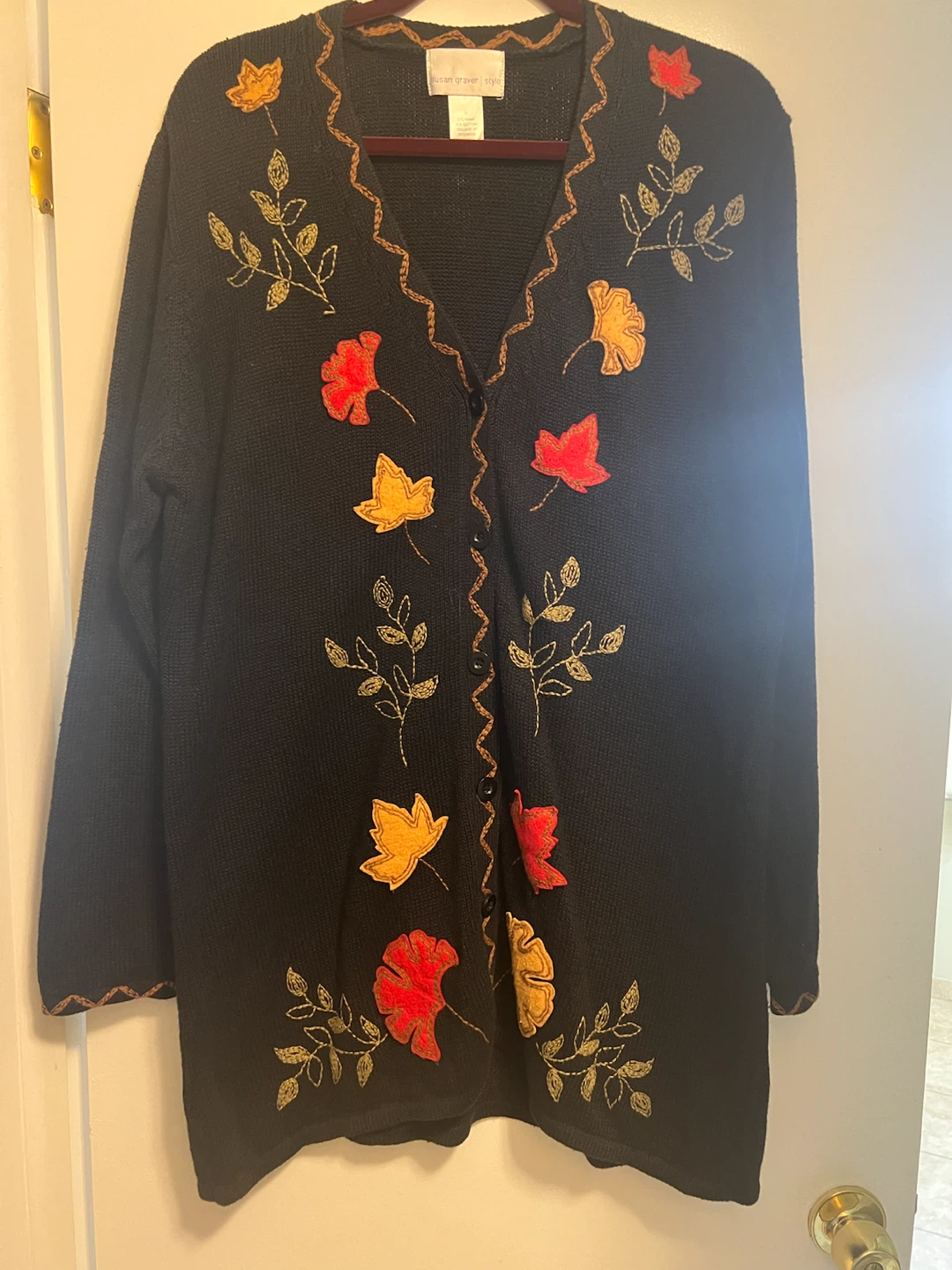 Susan Graver Style Leaf Embroidered Cardigan Black