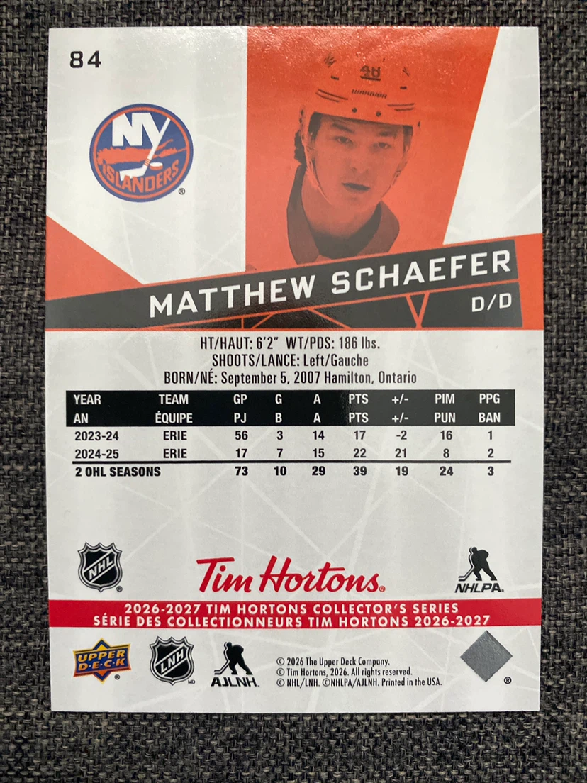 Matthew Schaefer Upper Deck Islanders Card - photo 2