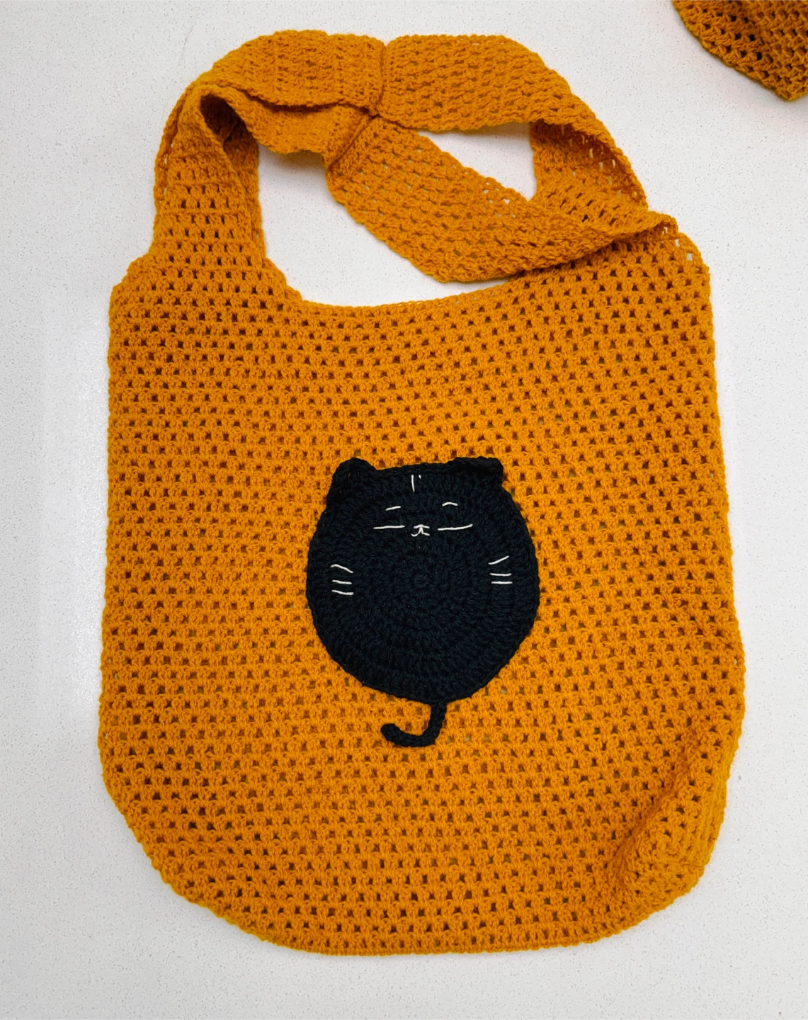 Handmade Crocheted Mustard Yellow Cat Tote Bag