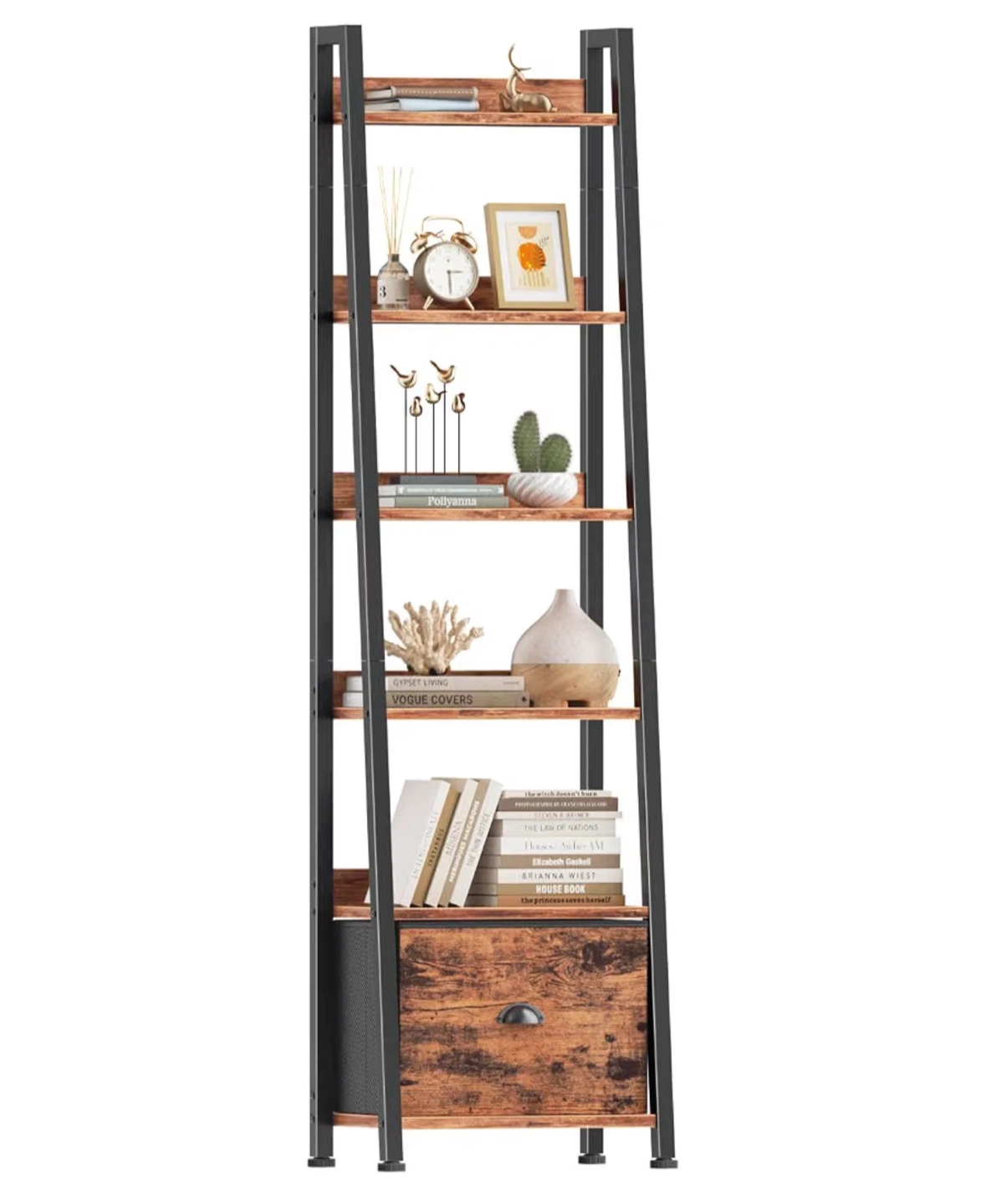 Rustic Industrial Ladder Bookshelf with Drawer
