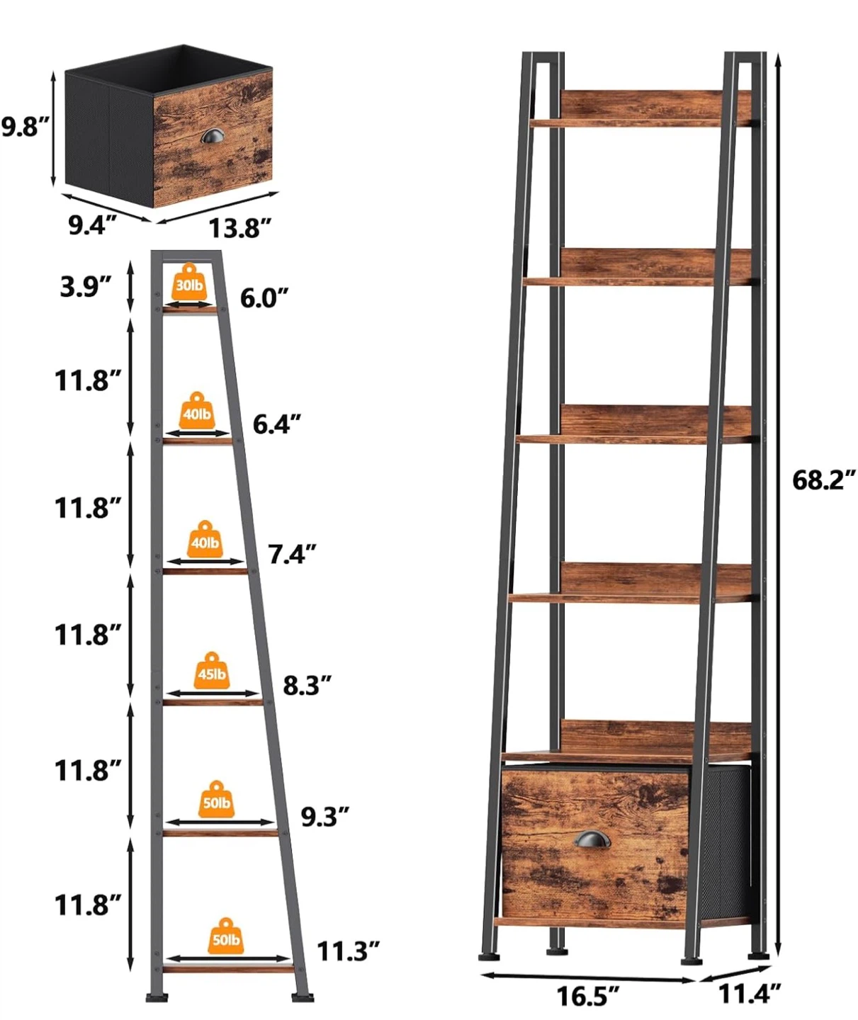 Rustic Industrial Ladder Bookshelf with Drawer - photo 2